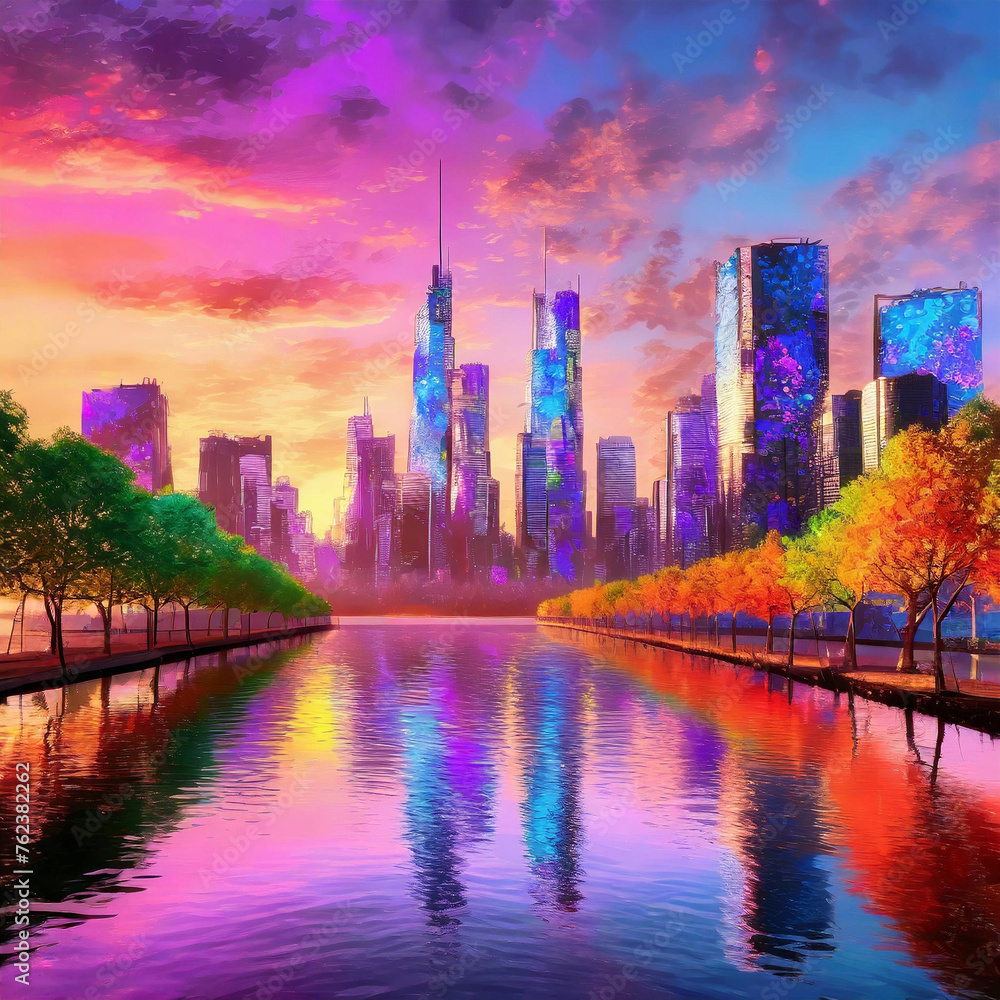 Fototapeta premium a futuristic city skyline with trees and water at sunset