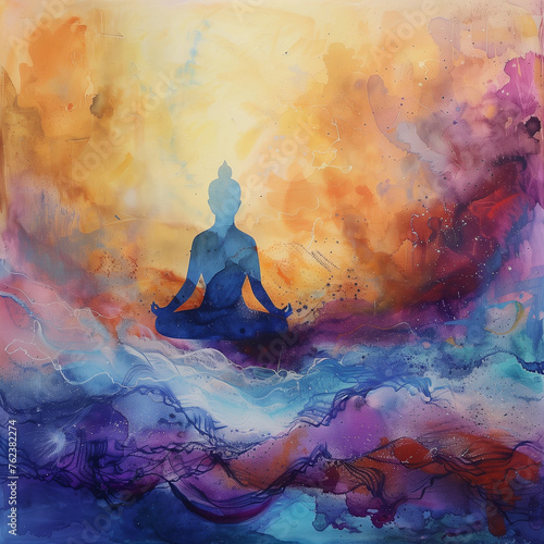 Serene Meditation Silhouette, Colorful Watercolor Blend, Spiritual Mindfulness Art