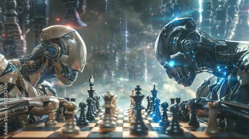 Epic Showdown  An epic image depicting a showdown between a human chess master and a formidable AI opponent  with intense concentration. Generative AI
