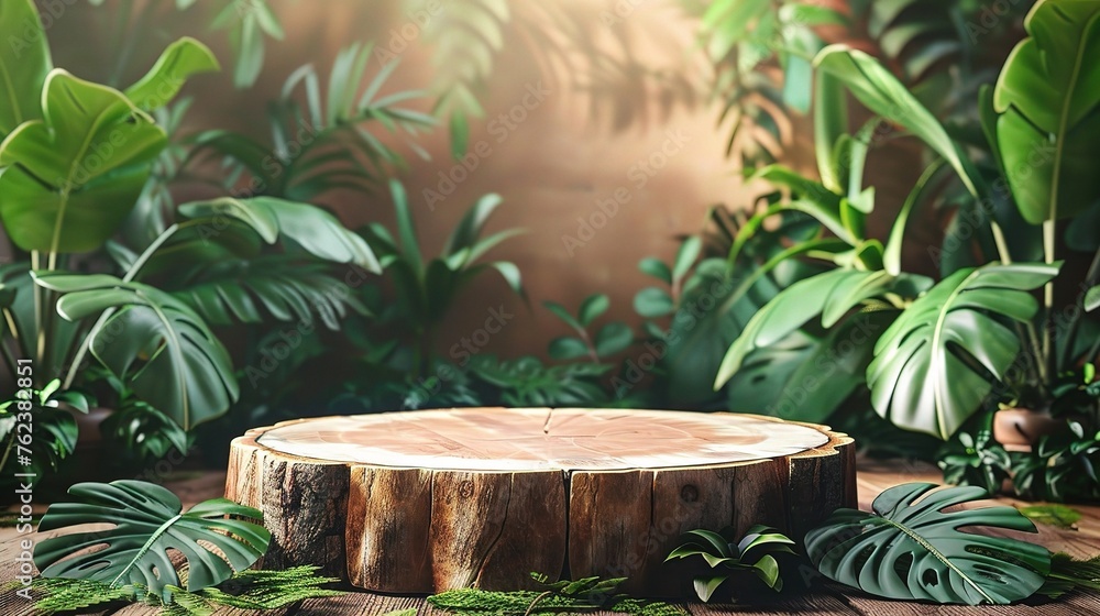 Wood slice podium and green tropical leaves. Concept scene stage showcase for new product, promotion sale Wood slice podium and green tropical leaves. Concept scene stage showcase for new product, promotion sale