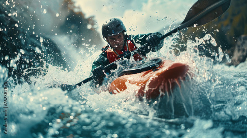 An intense action shot of a kayaker in protective gear navigating turbulent white water rapids. © khonkangrua