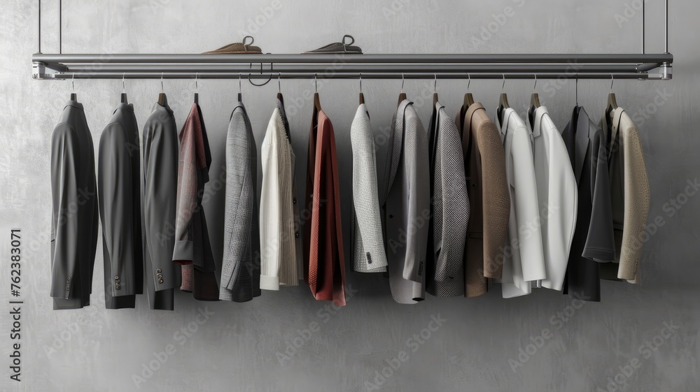 a rack adorned with stylish spring outfits for men, elegantly hung on hangers against a sophisticated grey background, capturing the essence of contemporary menswear.