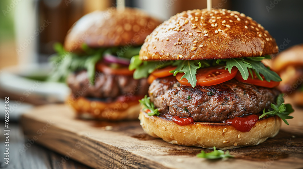 Delicious grilled hamburger with beef patties, unhealthy food, lettuce