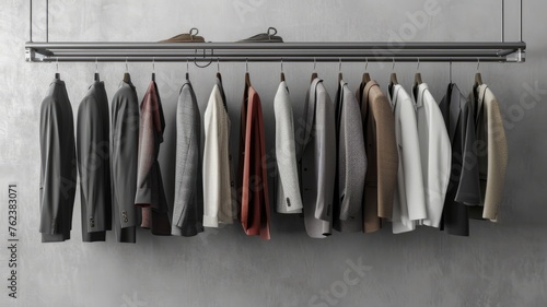 Wallpaper Mural a rack adorned with stylish spring outfits for men, elegantly hung on hangers against a sophisticated grey background, capturing the essence of contemporary menswear. Torontodigital.ca