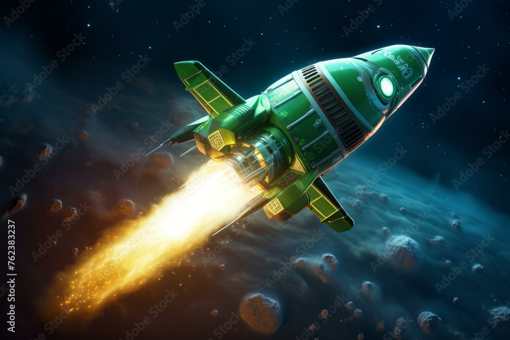 Obraz premium Miniature Rocket green colors fly model. Spacecraft metal color verdant. Generate Ai