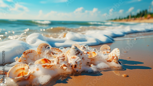  Super detailed photo of summer seashells and water waves outdoors. Free space for your decor. Generative AI