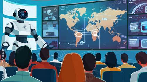 Global Connectivity: A visionary image depicting the robotic lecturer delivering a lecture to a diverse group of students from around the world, with video screens displaying virtual classrooms. 