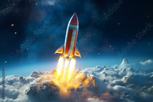 Dynamic Startup rocket in space. Ship planet moon. Generate Ai