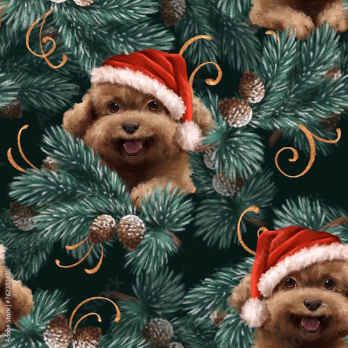 Christmas seamless pattern with dog and fir branches. Winter holiday background