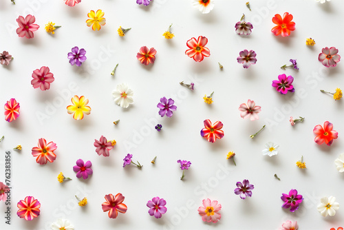 Colorful beautiful flowers isolated on a white background, abstract flowers wallpaper concept, top view of colorful spring flowers seamless pattern, Seamless pattern of colorful flowers and leaves