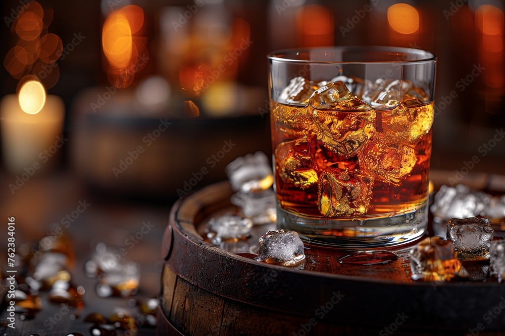 Tableware with a glass of Tennessee whiskey on a wooden barrel 2