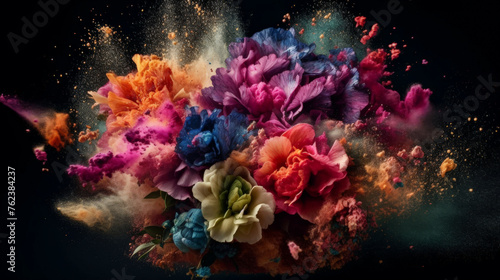 colors powder flowers splash explosion on black 