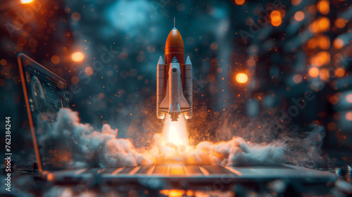 A space shuttle rocket successfully soars above a desktop laptop display frame. The idea took off and it was a success. Creativity, development, marketing and applications