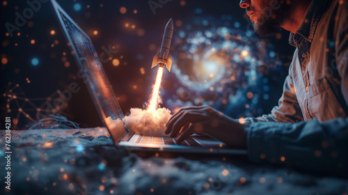 A space shuttle rocket successfully soars above a desktop laptop display frame. The idea took off and it was a success. Creativity, development, marketing and applications