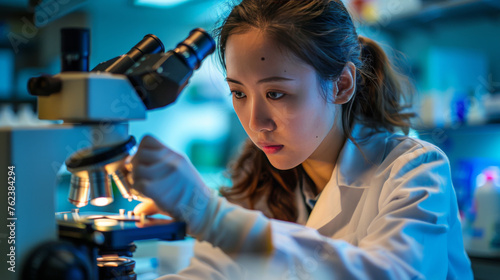 Focused female researcher using microscope in modern laboratory, conducting scientific experiments.