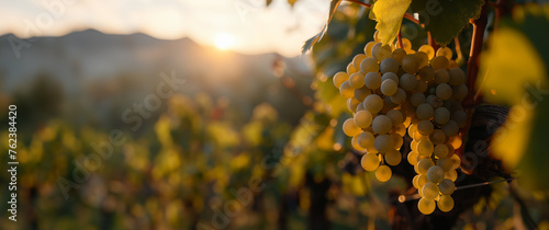 Golden hour in the rural sunlit vineyard with ripe grapes ready for harvest. Golden sunlight peeks through a lush vineyard, illuminating ripe grapes ready for harvest