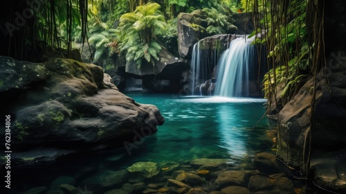 waterfall in a tropical rainforest featuring a turquoise blue pond surrounded by rocks.