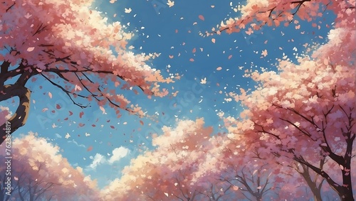 Illustration of a blue sky and falling cherry blossom petals. AI generated