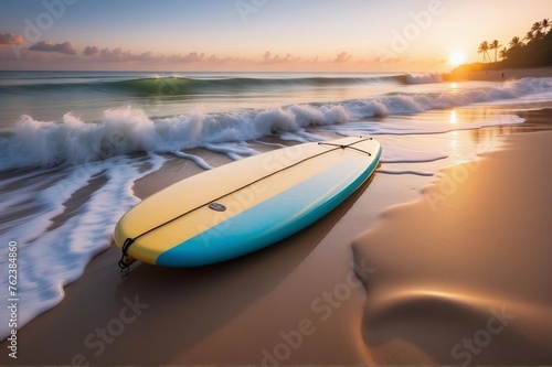 a surfboard on the beach near the ocean at the sunset