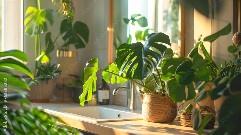 Scandinavian-Inspired Bathroom Vanity Basks in Natural Light and Monstera Deliciosa Plants Scandinavian-Inspired Bathroom Vanity Basks in Natural Light and Monstera Deliciosa Plants