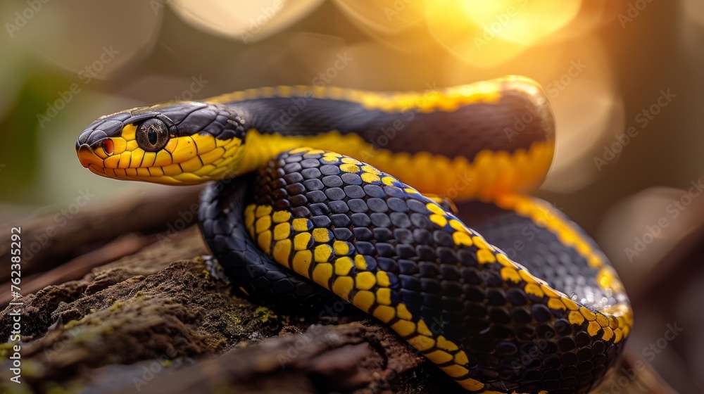 Obraz premium Yellow-ringed boiga dendrophila snake hanging on wood