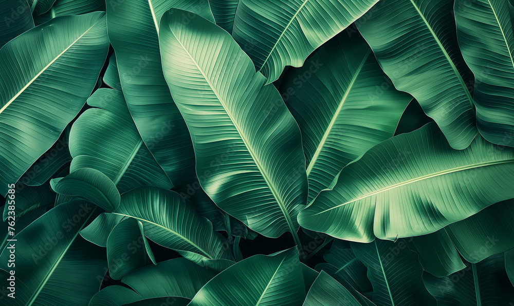 Obraz premium Vibrant green banana leaves background with natural texture. Lush tropical banana leaf texture with vibrant green natural background and organic botanical pattern in a closeup jungle environment