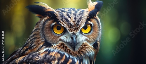Close up of an Eastern Screech owl with striking yellow eyes staring directly at the camera  showcasing its beautiful iris and pointed beak