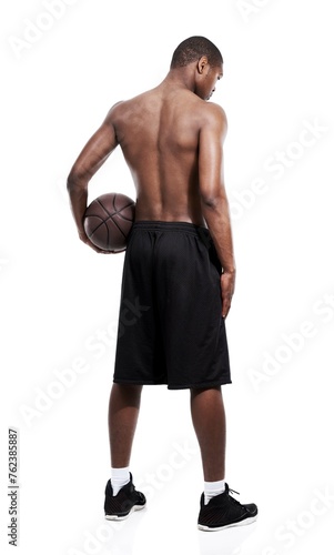 Man, basketball player and standing for workout, back and shirtless on white background, confident and game. Studio backdrop, fit and sportsman for exercise, health and african active athlete