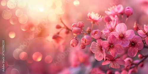 Warm sunset light accentuates the delicate pink cherry blossoms. Blooming cherry blossoms at sunset. Banner with copy space. 