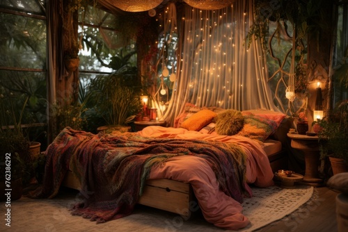 Eclectic Romantic bedroom boho style design. Modern sleeping room with warm rosy tones. Generate ai