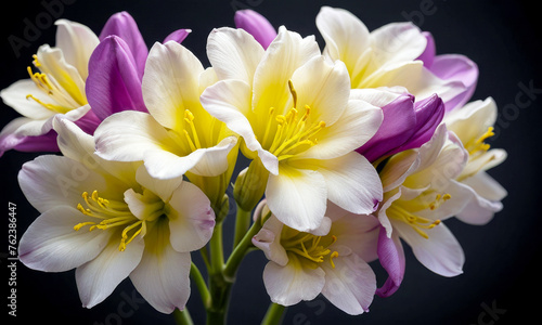 Beautiful african flower Freesia. Lilac, white and yellow.  Colorful. Black background.