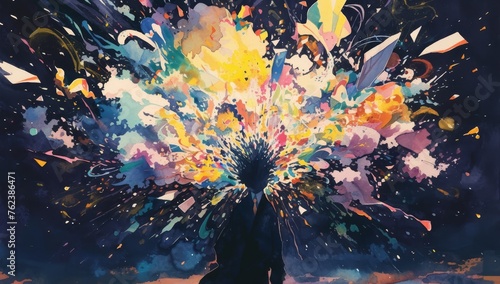 watercolor painting of silhouette of man with short hair, colorful explosion behind him,