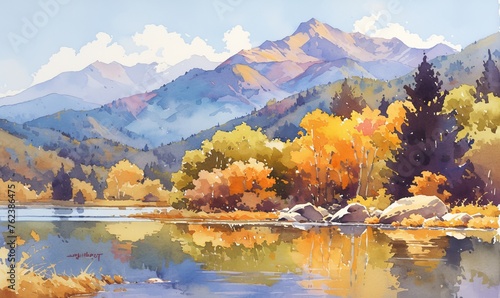 Watercolor landscape of mountains and lake in autumn  detailed and realistic watercolor painting. 