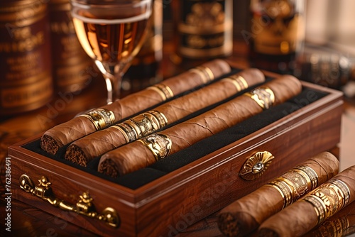 Wooden box of cigars paired with a wine glass for the event