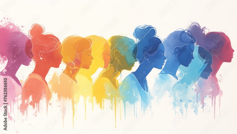 Watercolor silhouettes of women in various colors, standing together on white background. 