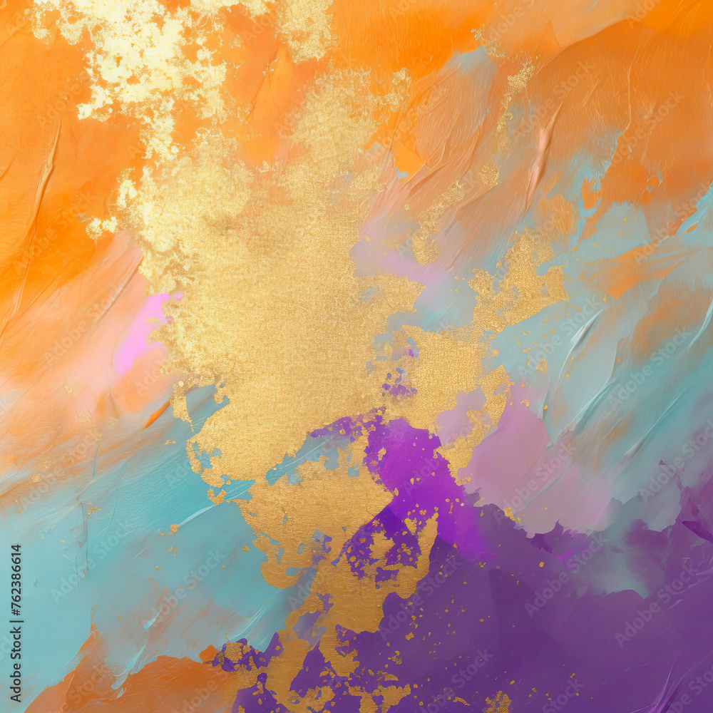 Abstract art with gold on orange and blue