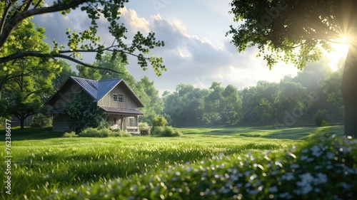 a serene green environment with an empty grassy area in the foreground, adorned by a charming wooden house nestled amidst lush trees, illuminated by the soft glow of daylight.