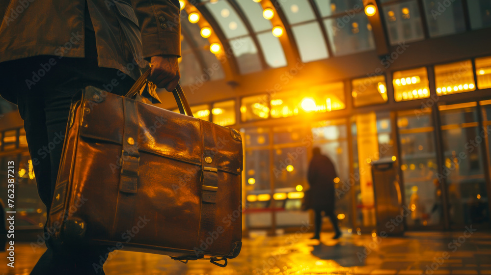 Naklejka premium Close-up of a leather bag in an urban setting at night. Business and goals concept with copy space.