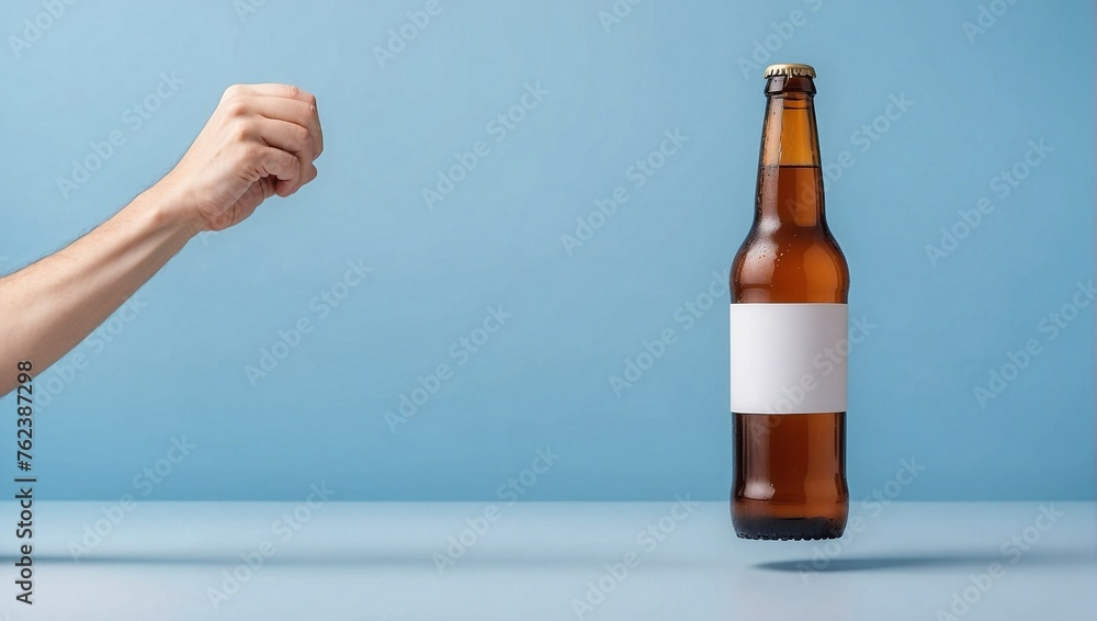 He holds beer bottle with hand outstretched from side on light blue background, clean background, space for advertising, copy space