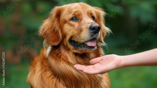 Pet animal dogs puppy training education teaching concept background - Adorable cute little domestic obedience sitting golden retriever dog       listens to owner trainer hand  sit and wait in command