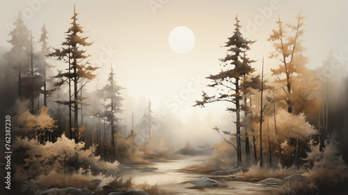 In the digital watercolor illustration, a serene landscape unfolds with a misty forest backdrop, a full moon rising above a gentle river, evoking a sense of calm.