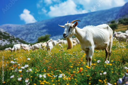 Domestic goats graze in the highlands of Greece.