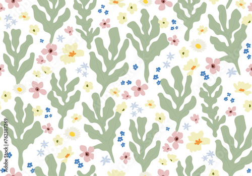 Aesthetic retro grrovy flowers seamless pattern. Spring florals and plants on white background. Vector illustration.