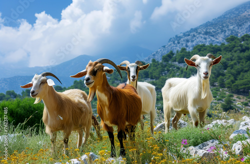 Domestic goats graze in the highlands of Greece.
