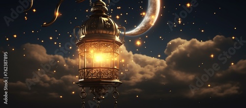 A gold lantern with a crescent moon on it hangs in the sky