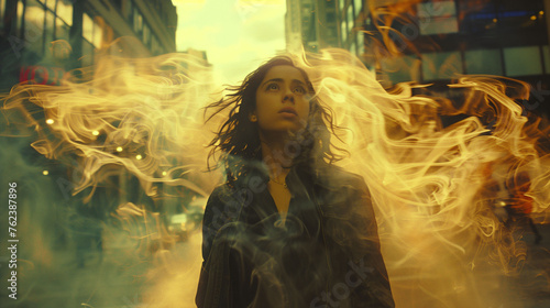 Dynamic portrait of a person with swirling smoke effects against an urban backdrop  conveying a sense of motion and mystery.
