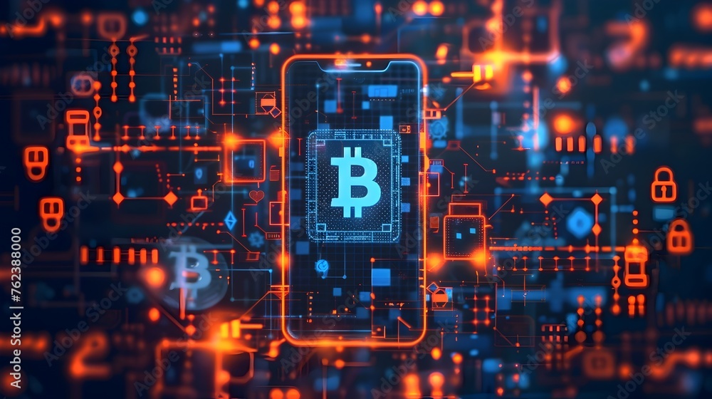 Smartphone displaying Bitcoin symbol amidst intricate digital circuit board design showcasing the of cryptocurrency and advanced technology
