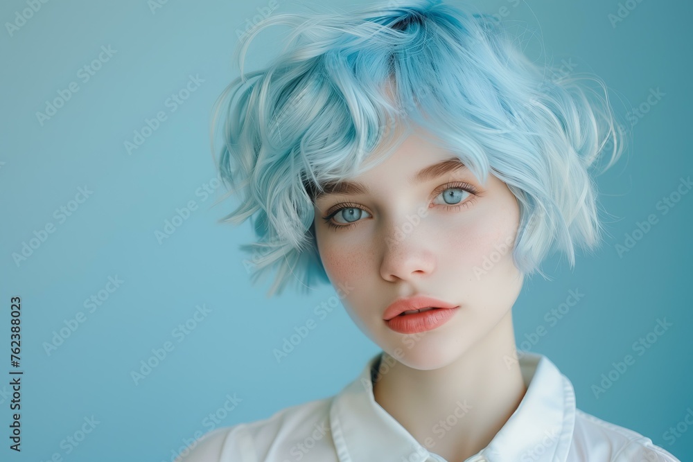 young woman with beautiful light blue short hair on pastel blue background, hair salon ad young woman with beautiful light blue short hair on pastel blue background, hair salon ad