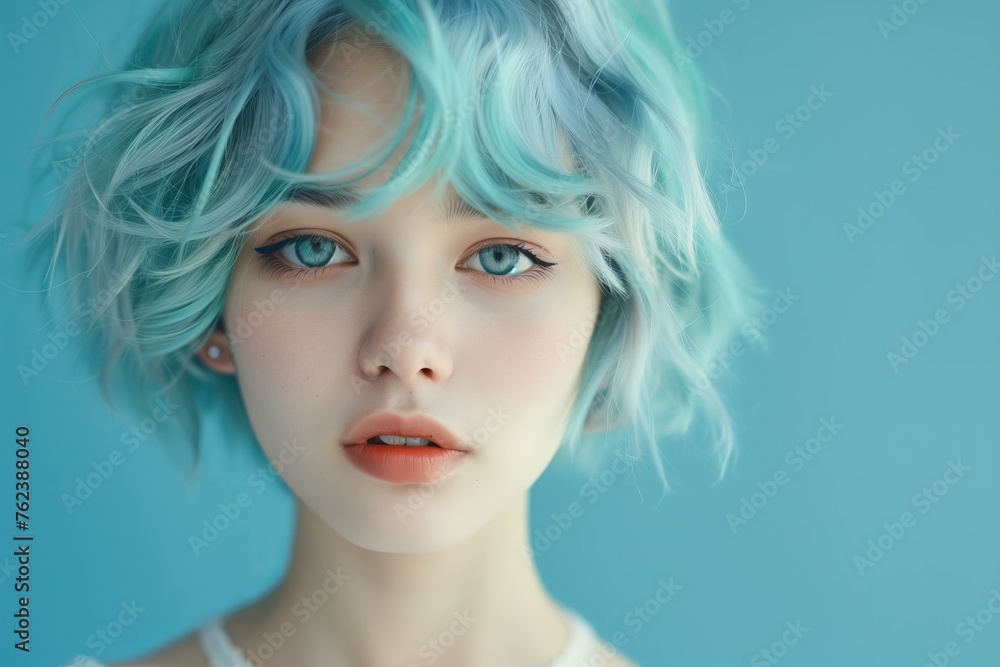 young woman with beautiful light blue short hair on pastel blue background, hair salon ad