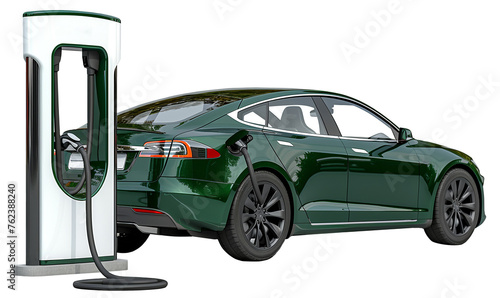 A green electric car is charging at a station on a transparent background.